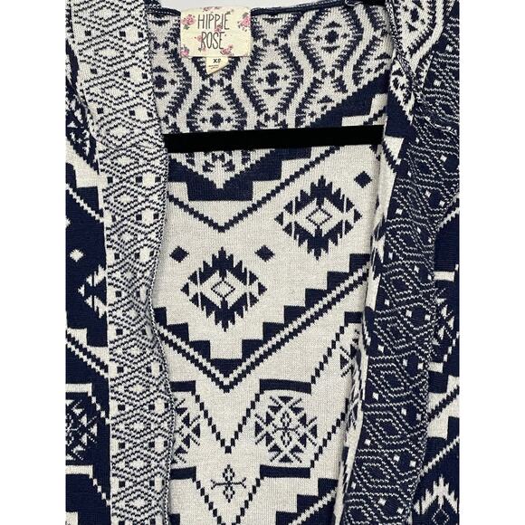 Hippie Rose Cardigan Vest Aztec Pattern Sleeveless Hood Navy White XS Southwest - Picture 3 of 10